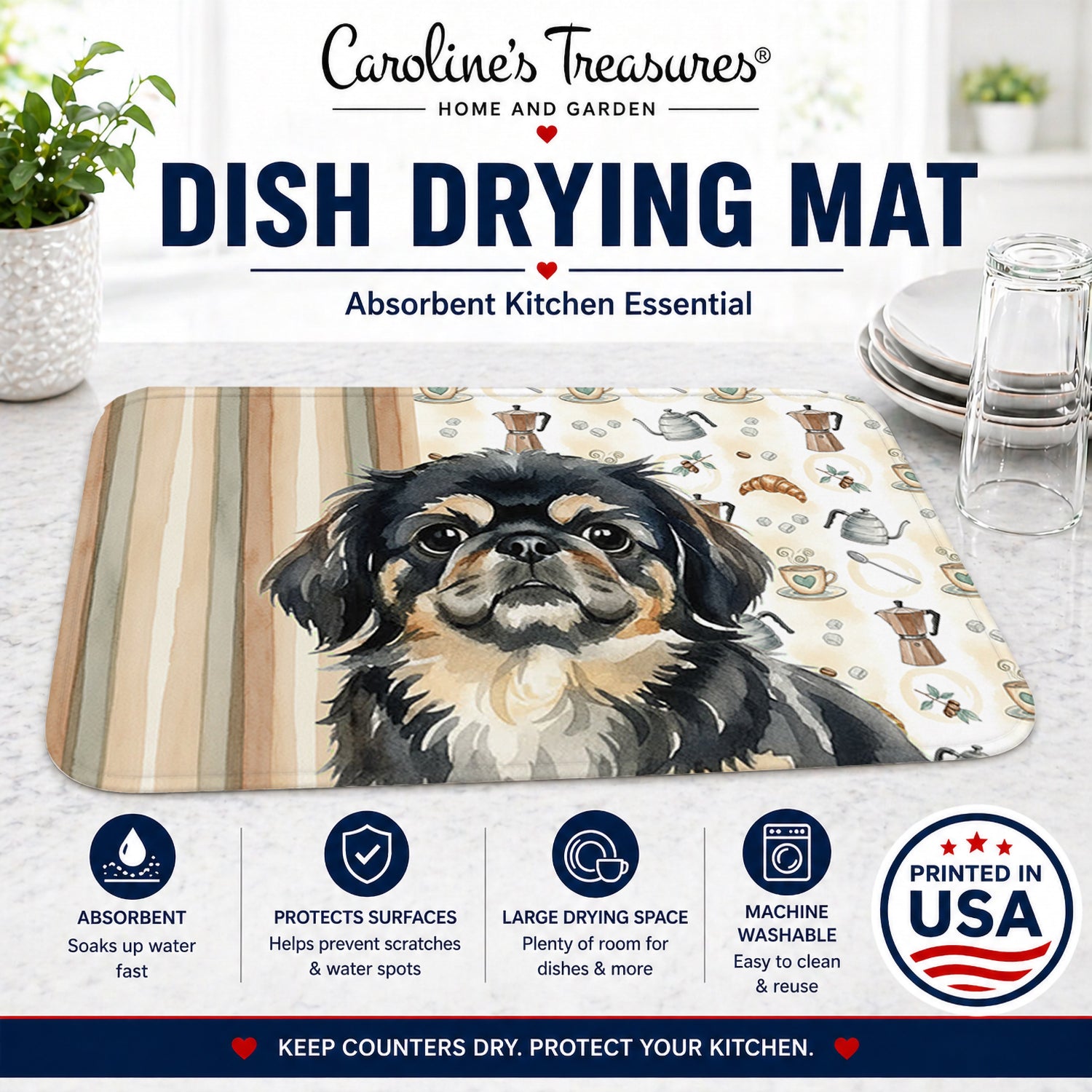 Black and Tan Pekingese Coffee Bar Dish Drying Mat Absorbent Dish Drying Mat Pad for Kitchen Counter Dish Drainer Mat for Countertop, 14 x 21", Multicolor