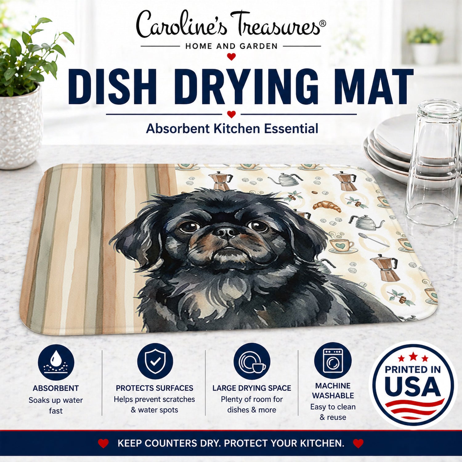 Black Pekingese Coffee Bar Dish Drying Mat Absorbent Dish Drying Mat Pad for Kitchen Counter Dish Drainer Mat for Countertop, 14 x 21", Multicolor