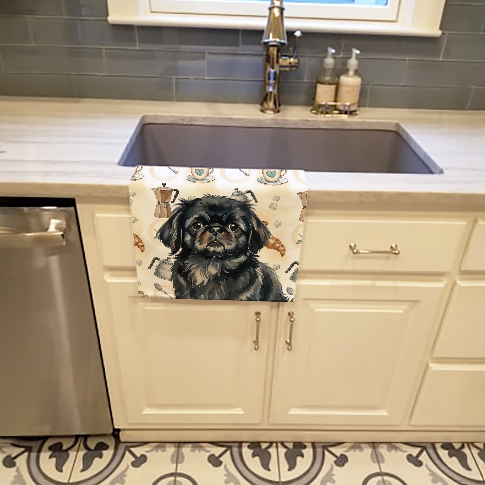 Black Pekingese Coffee Bar Kitchen Towel Velour Plush Front and Cotton Loop Back Machine Washable