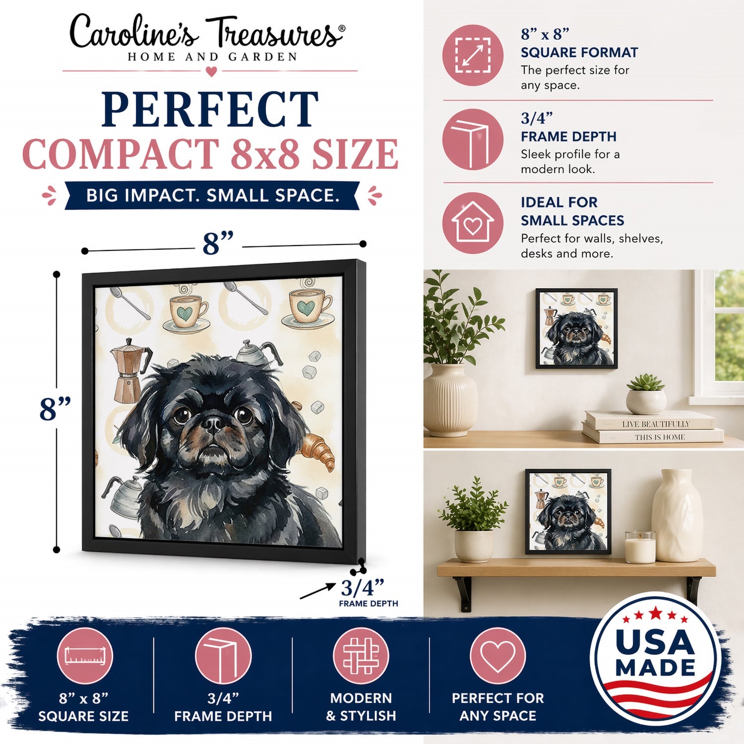 Black Pekingese Coffee Bar Framed Metal Print Bathroom, Kitchen, Office, Home Decor Wall Art Ready to Hang, Square, 8X8