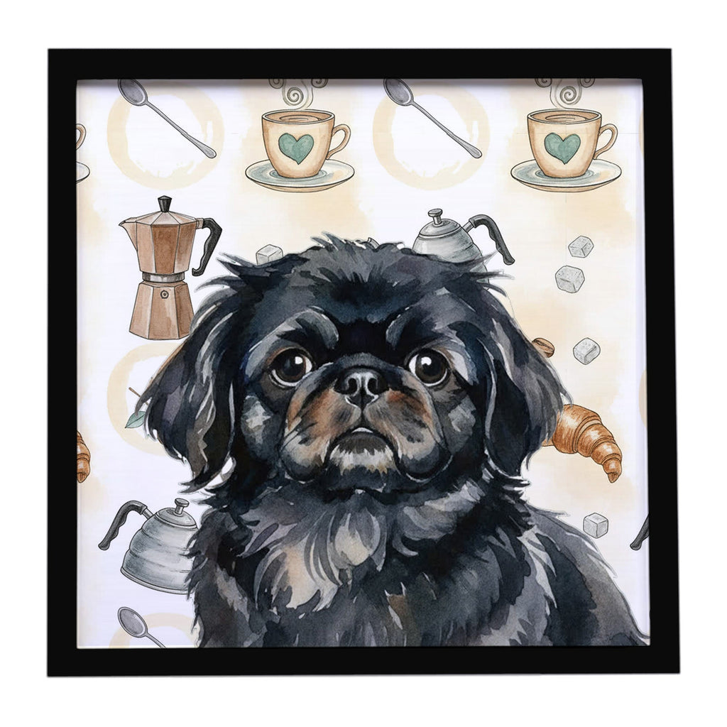 Black Pekingese Coffee Bar Framed Metal Print Bathroom, Kitchen, Office, Home Decor Wall Art Ready to Hang, Square, 8X8