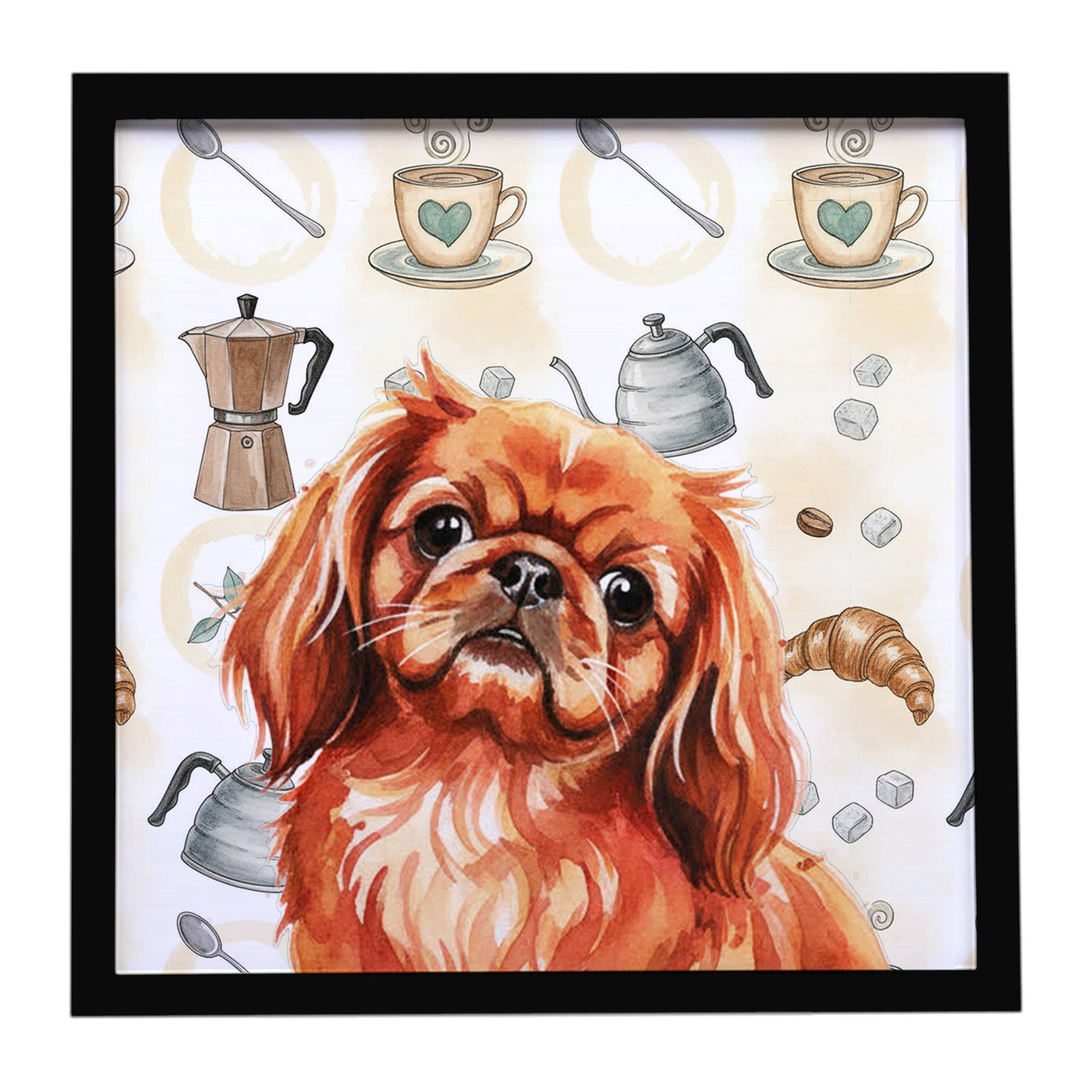 Red Pekingese Coffee Bar Framed Metal Print Bathroom, Kitchen, Office, Home Decor Wall Art Ready to Hang, Square, 8X8