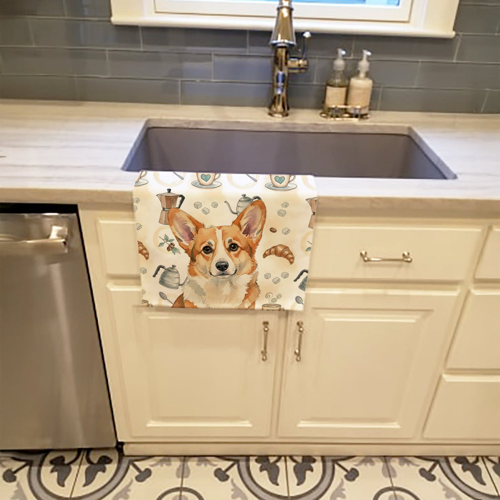 Corgi Coffee Bar Kitchen Towel Velour Plush Front and Cotton Loop Back Machine Washable