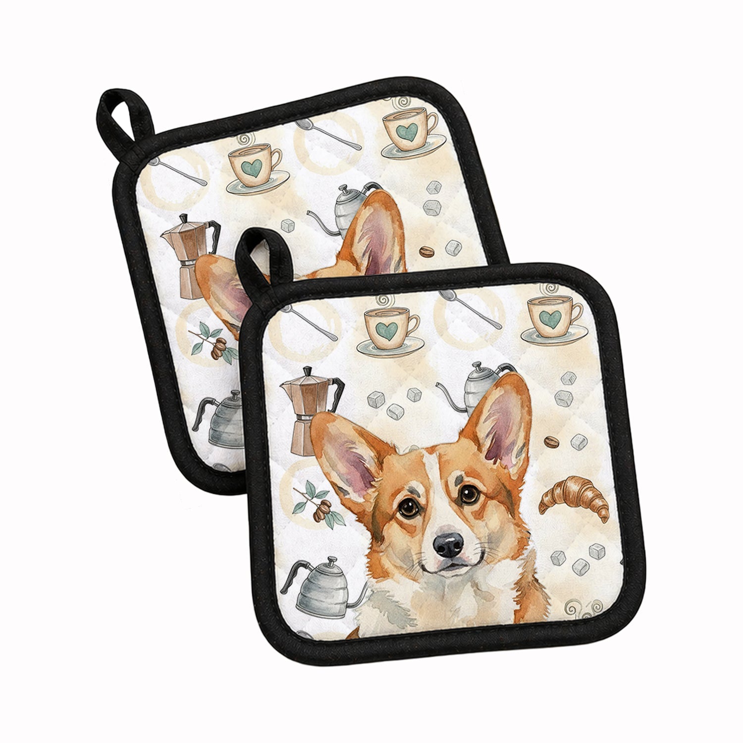 Corgi Coffee Bar Pot Holder Set of 2 Heat Resistant Quilted Hot Pads 7.5 x 7.5 Inch, Insulated Kitchen Trivets for Cooking & Baking