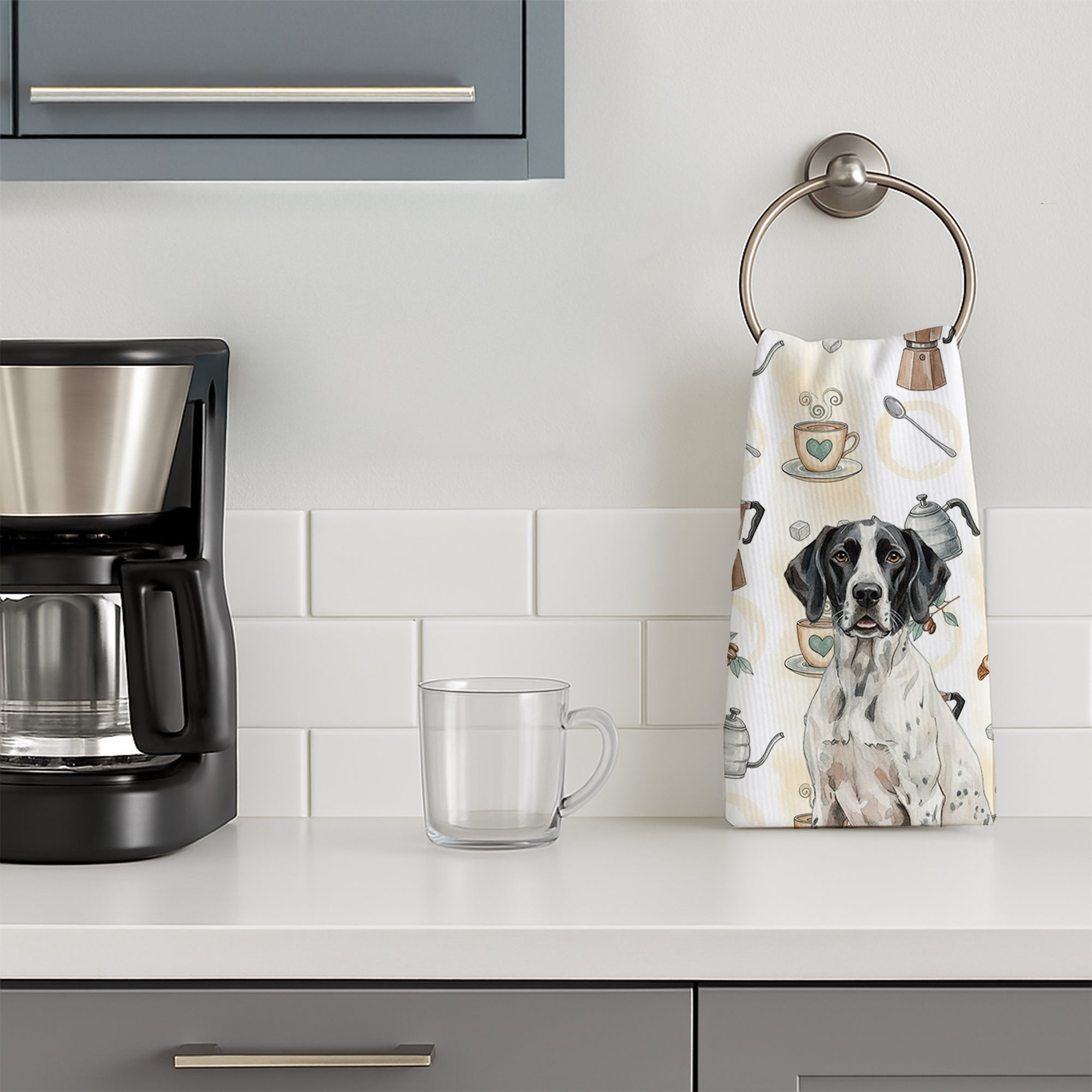 Black and White Pointer Coffee Bar Kitchen Towel Velour Plush Front and Cotton Loop Back Machine Washable