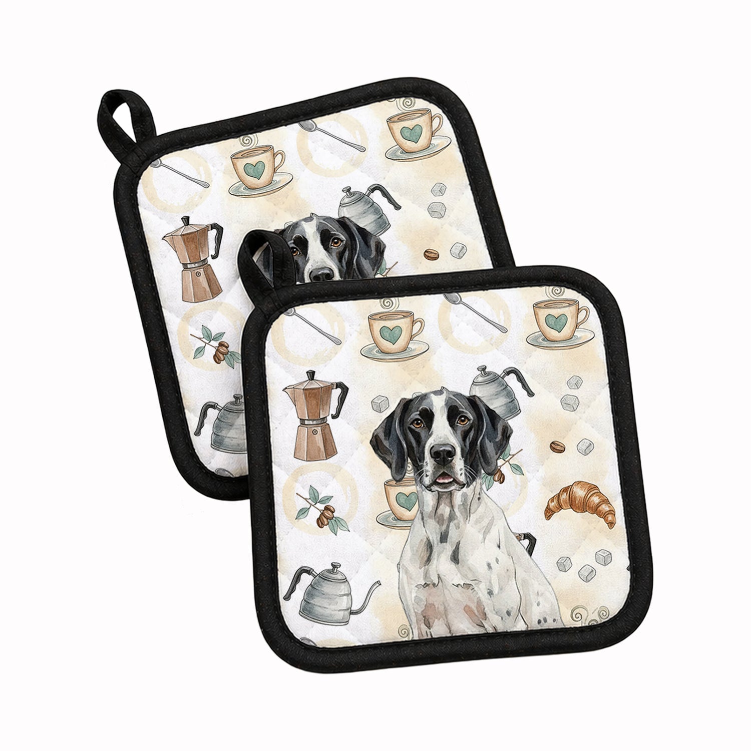 Black and White Pointer Coffee Bar Pot Holder Set of 2 Heat Resistant Quilted Hot Pads 7.5 x 7.5 Inch, Insulated Kitchen Trivets for Cooking & Baking