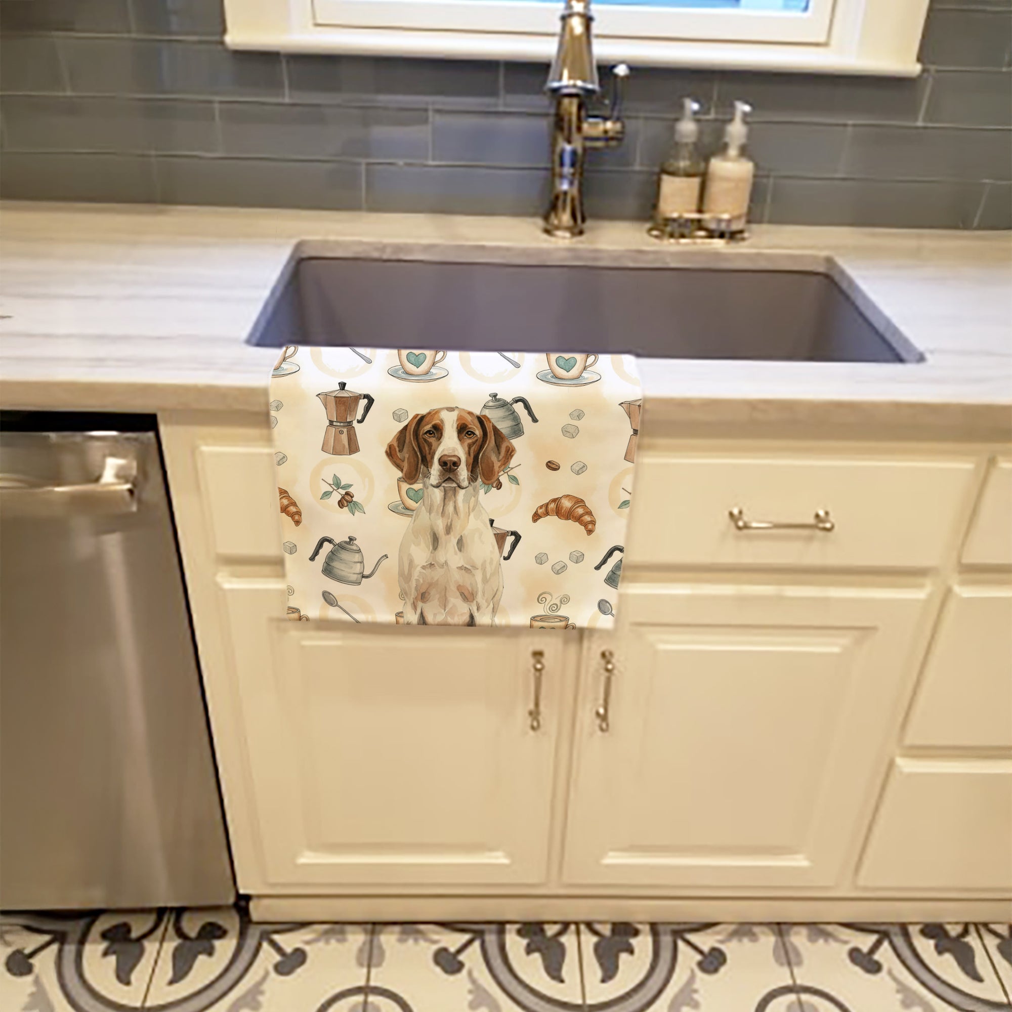 Liver and White Pointer Coffee Bar Kitchen Towel Velour Plush Front and Cotton Loop Back Machine Washable