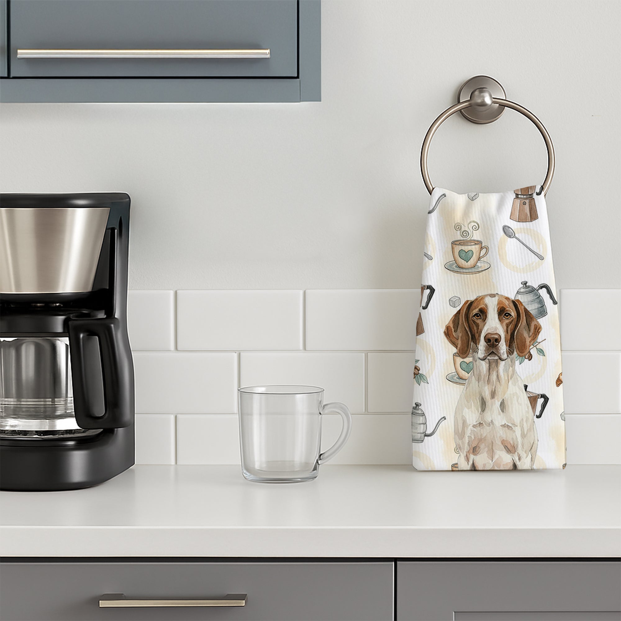 Liver and White Pointer Coffee Bar Kitchen Towel Velour Plush Front and Cotton Loop Back Machine Washable