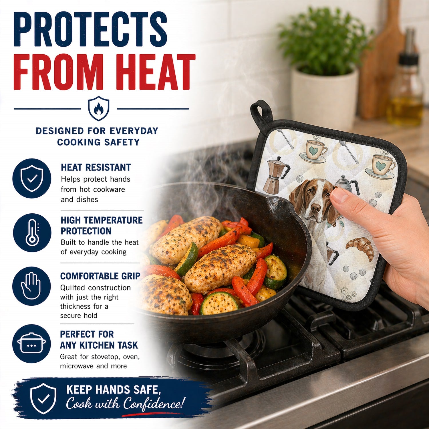 Liver and White Pointer Coffee Bar Pot Holder Set of 2 Heat Resistant Quilted Hot Pads 7.5 x 7.5 Inch, Insulated Kitchen Trivets for Cooking & Baking