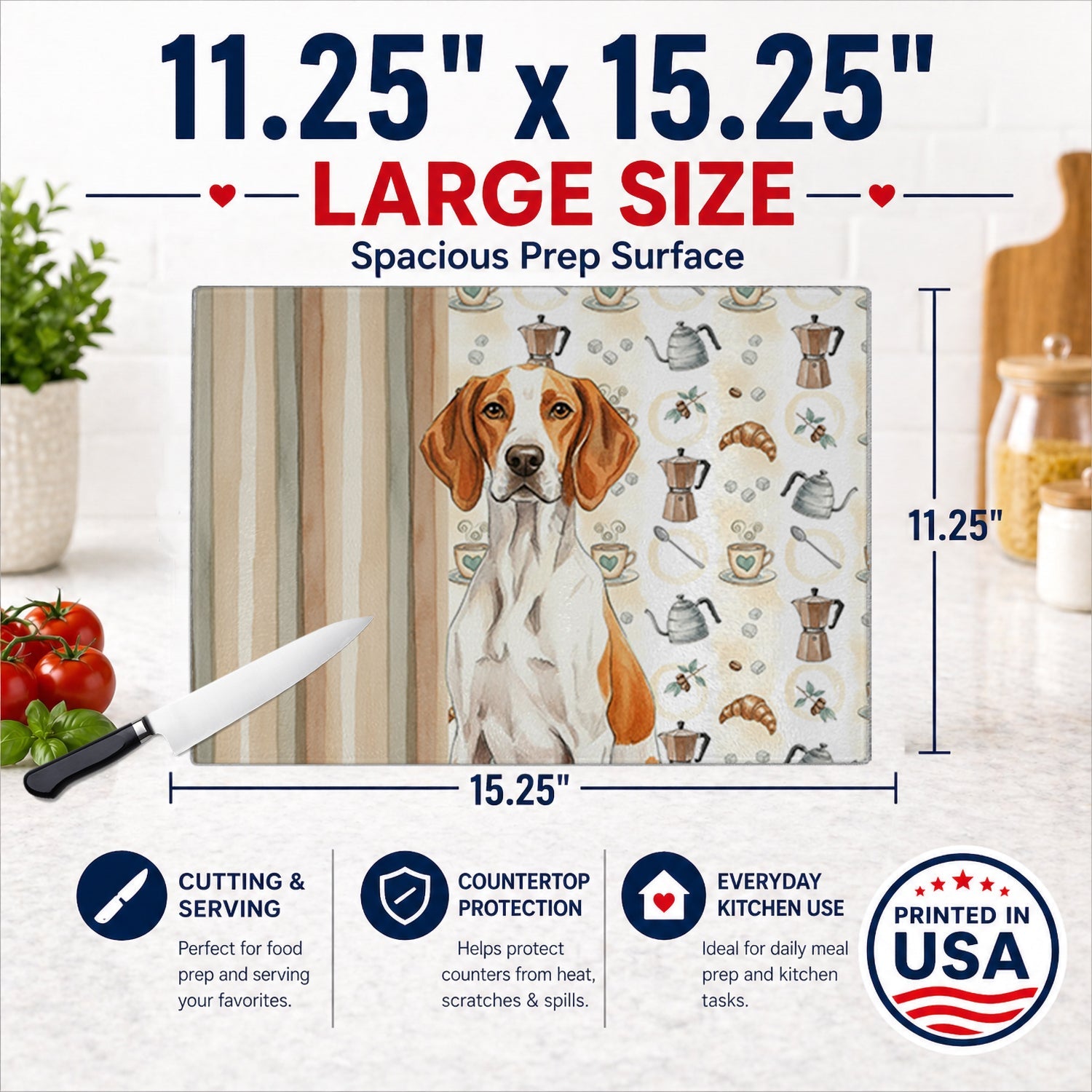 Orange and White Pointer Coffee Bar Cutting Board Tempered Glass Kitchen Cutting Surface, Heat Resistant Chopping, Non-Slip Feet, Food Prep & Serving