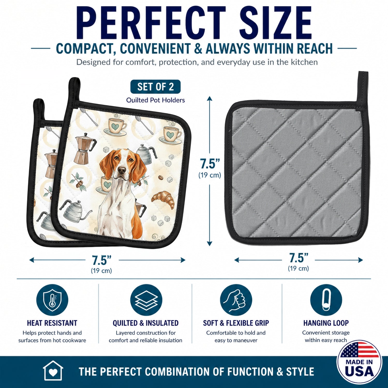Orange and White Pointer Coffee Bar Pot Holder Set of 2 Heat Resistant Quilted Hot Pads 7.5 x 7.5 Inch, Insulated Kitchen Trivets for Cooking & Baking