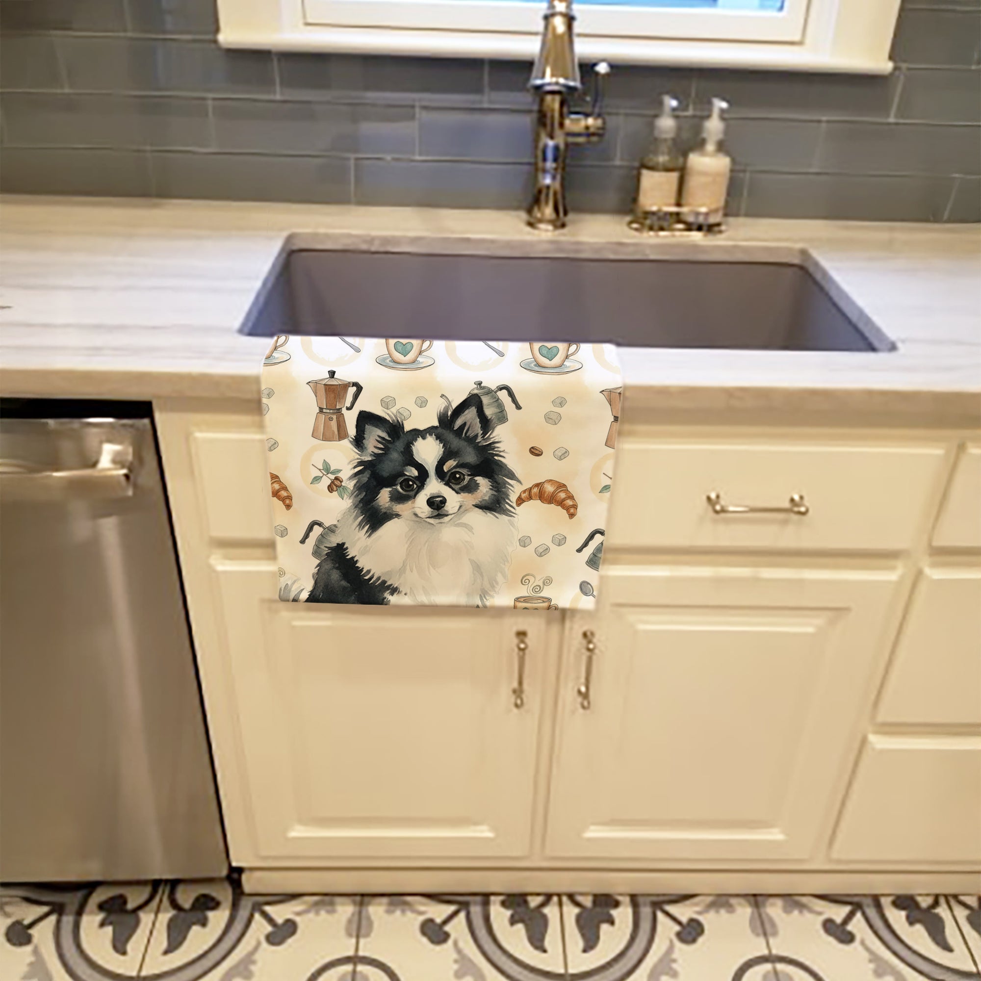 Black and White Pomeranian Coffee Bar Kitchen Towel Velour Plush Front and Cotton Loop Back Machine Washable