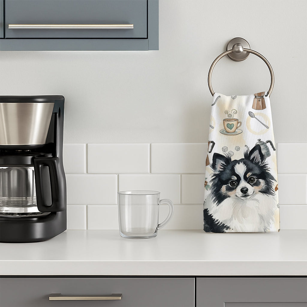 Black and White Pomeranian Coffee Bar Kitchen Towel Velour Plush Front and Cotton Loop Back Machine Washable