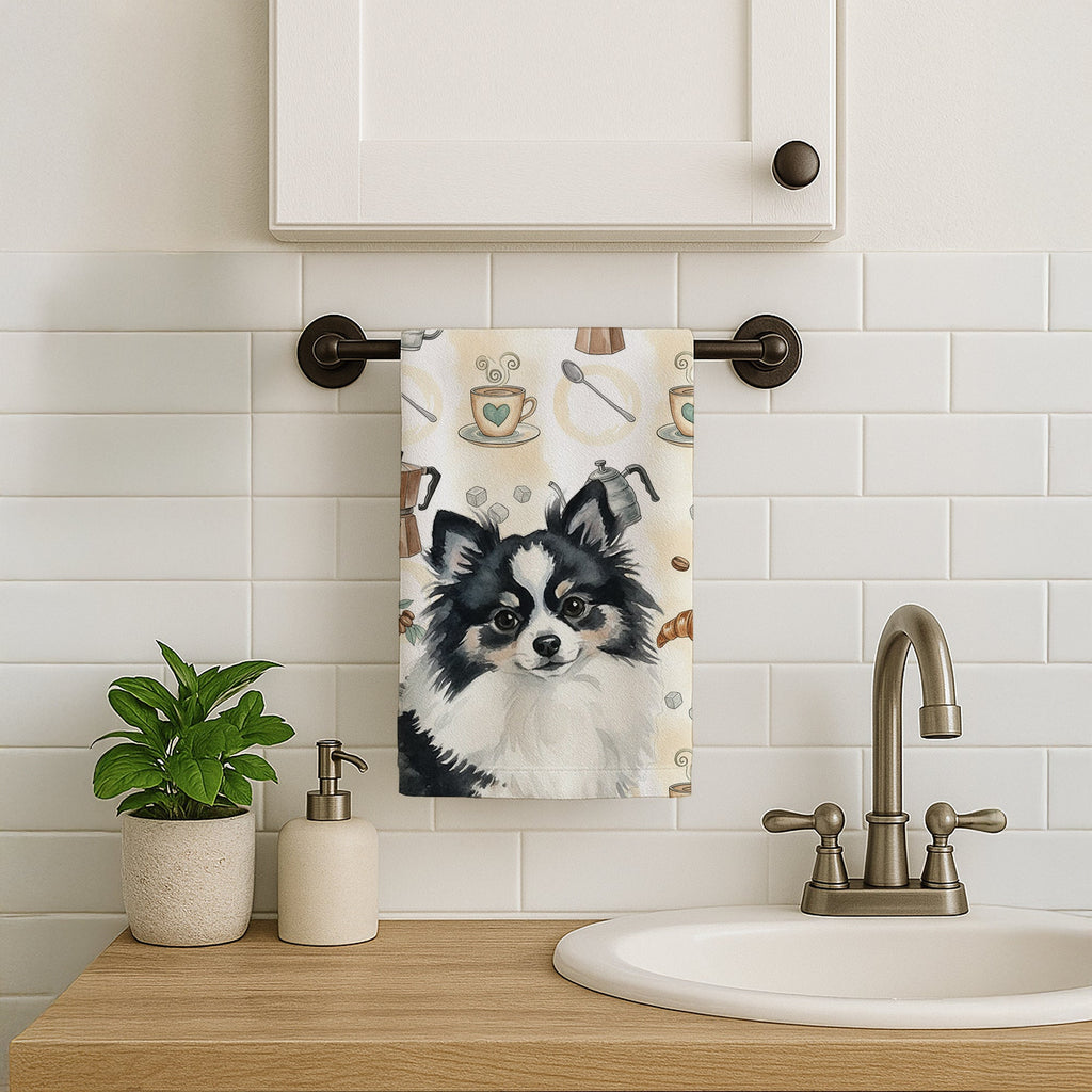 Black and White Pomeranian Coffee Bar Kitchen Towel Velour Plush Front and Cotton Loop Back Machine Washable
