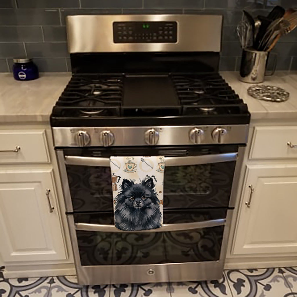 Black Pomeranian Coffee Bar Kitchen Towel Velour Plush Front and Cotton Loop Back Machine Washable