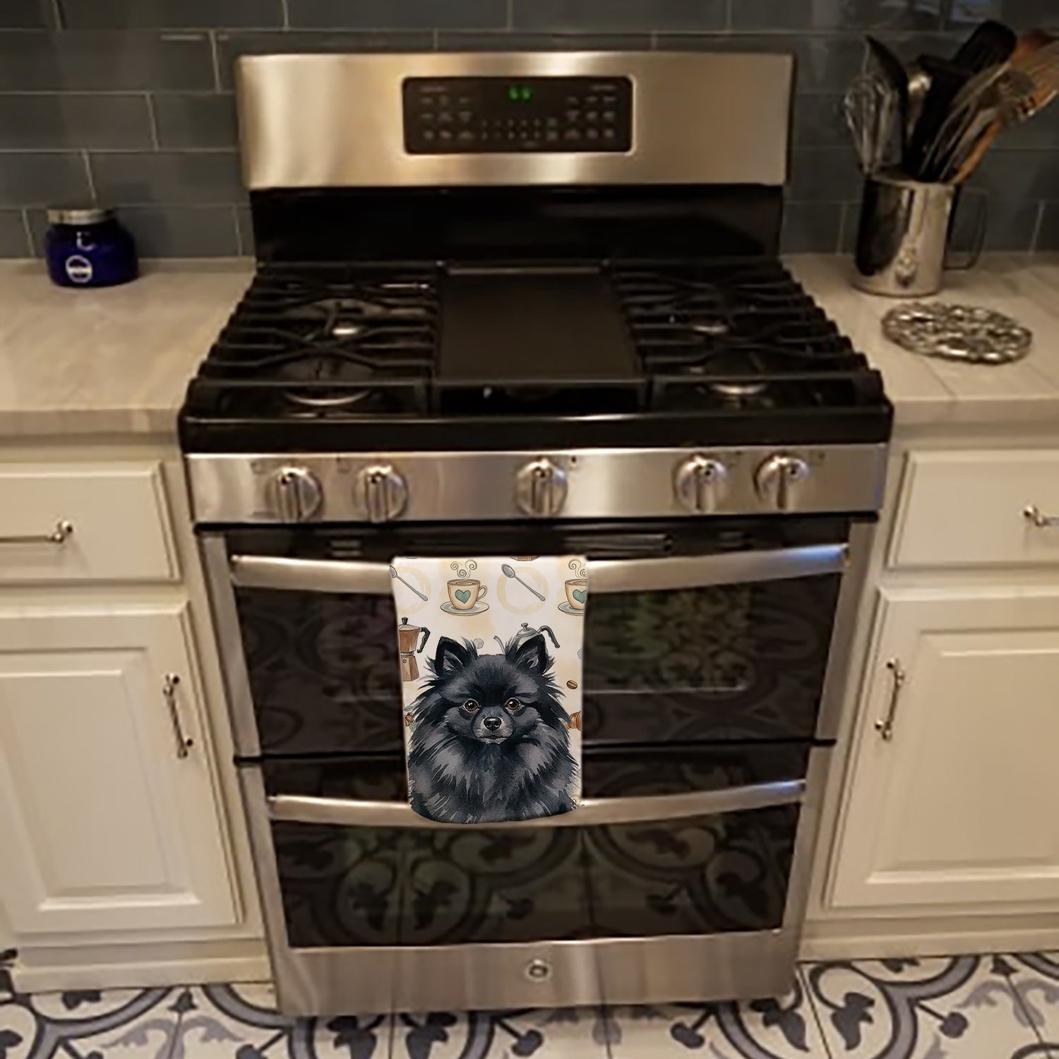 Black Pomeranian Coffee Bar Kitchen Towel Velour Plush Front and Cotton Loop Back Machine Washable