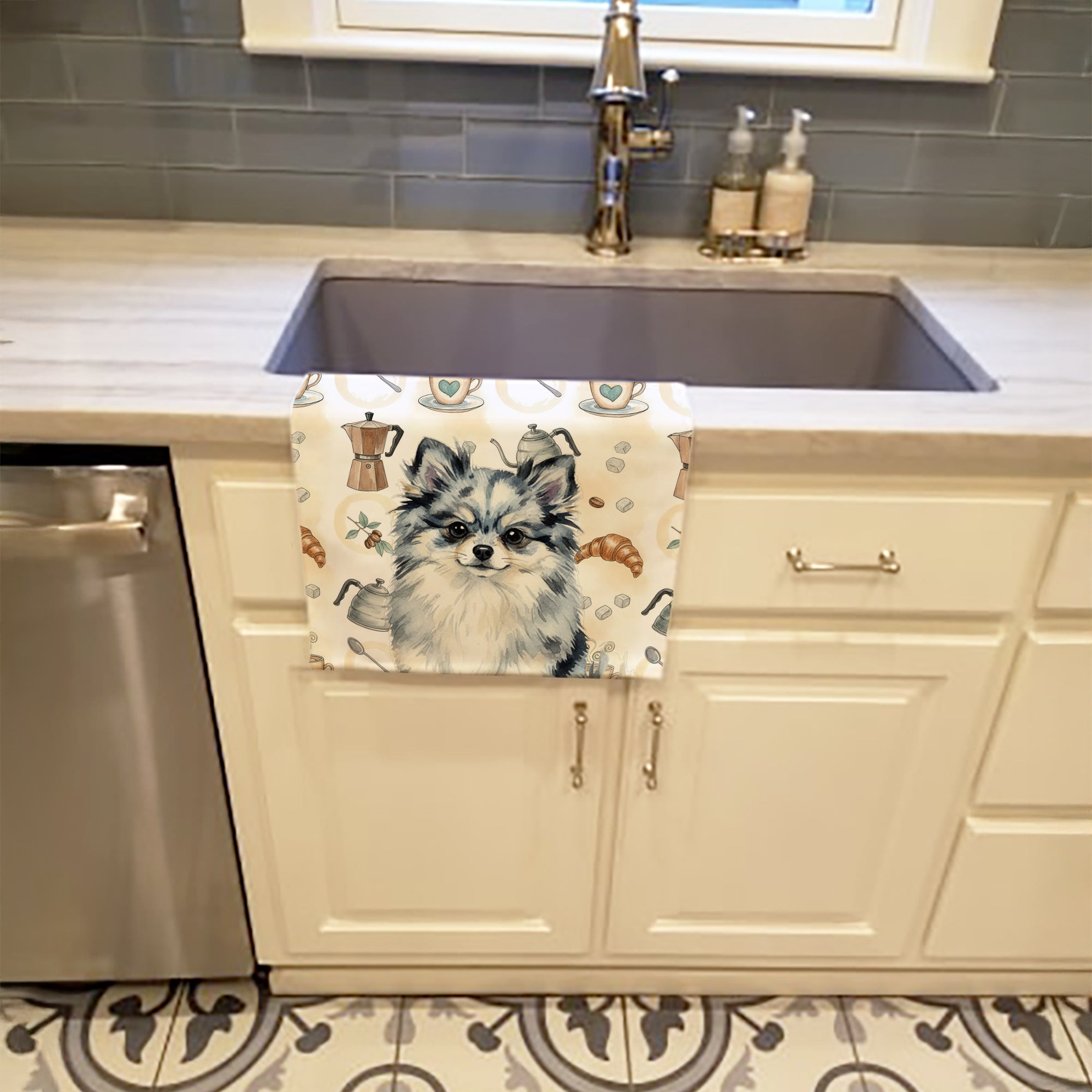 Blue Merle Pomeranian Coffee Bar Kitchen Towel Velour Plush Front and Cotton Loop Back Machine Washable