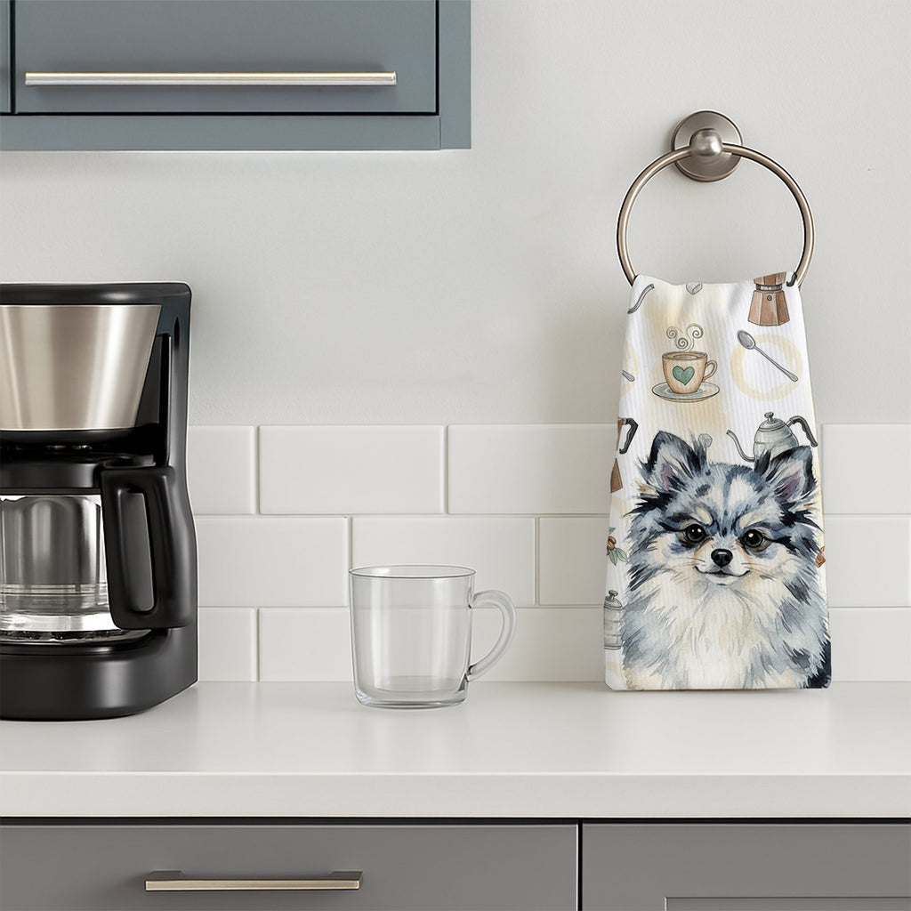 Blue Merle Pomeranian Coffee Bar Kitchen Towel Velour Plush Front and Cotton Loop Back Machine Washable