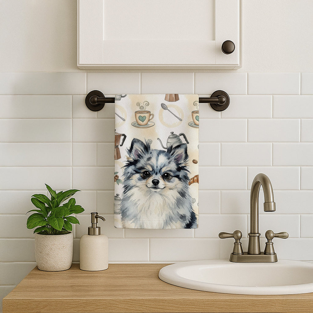 Blue Merle Pomeranian Coffee Bar Kitchen Towel Velour Plush Front and Cotton Loop Back Machine Washable