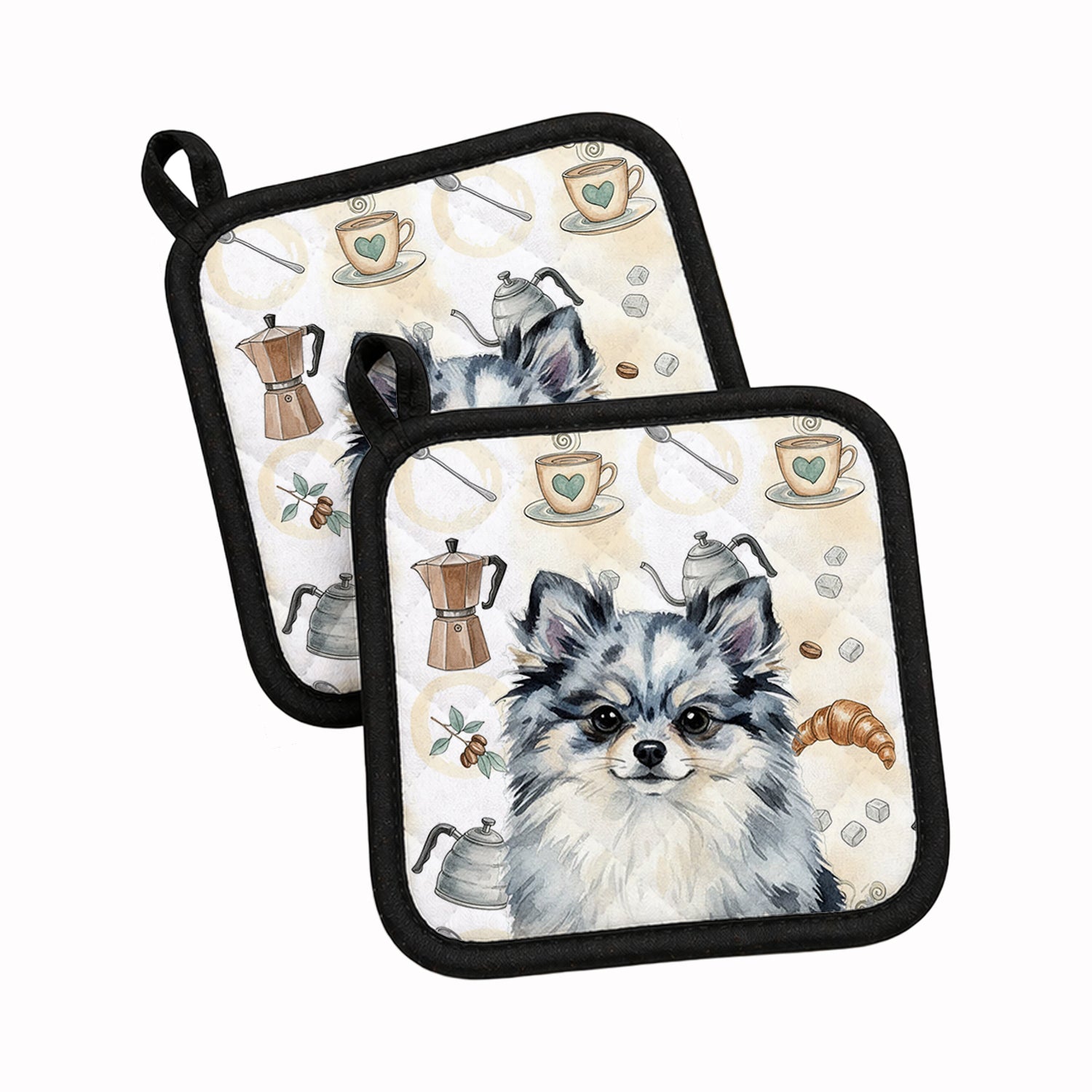 Blue Merle Pomeranian Coffee Bar Pot Holder Set of 2 Heat Resistant Quilted Hot Pads 7.5 x 7.5 Inch, Insulated Kitchen Trivets for Cooking & Baking