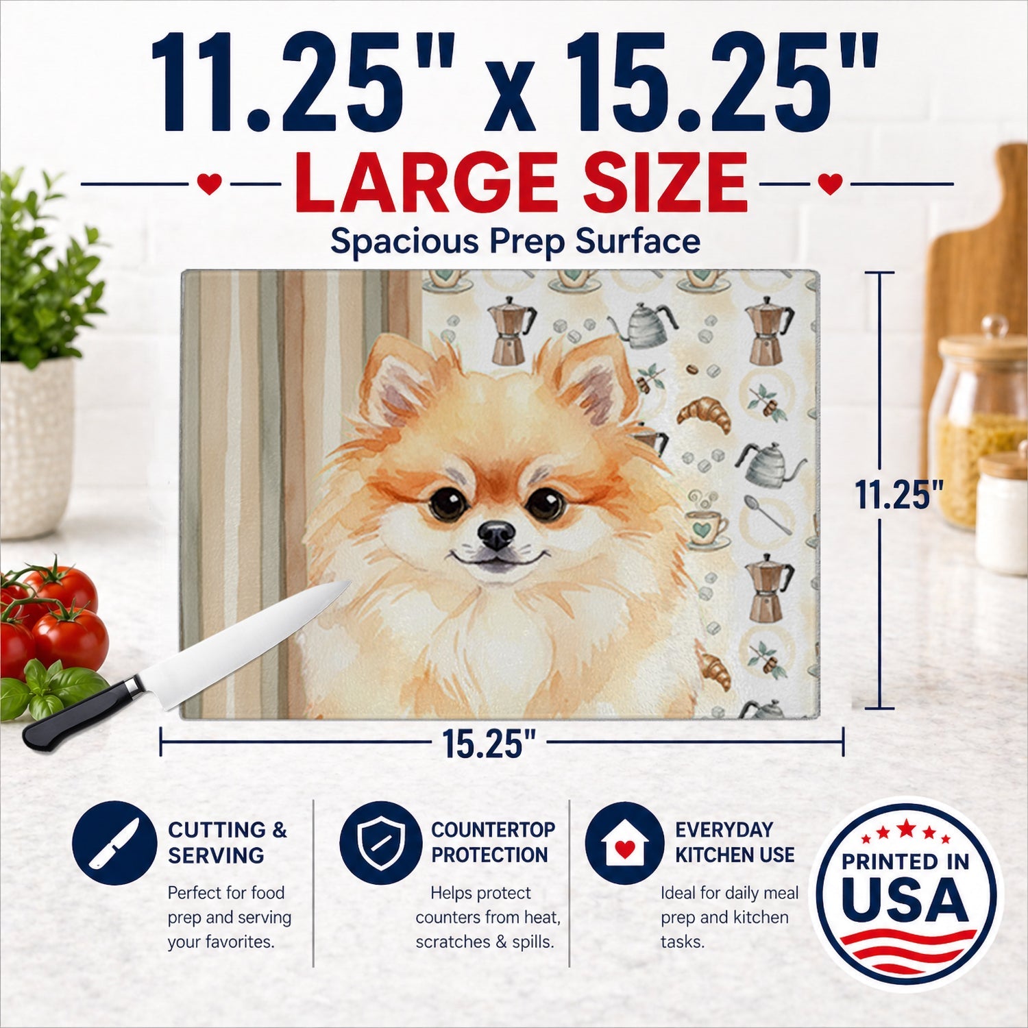 Pomeranian Coffee Bar Cutting Board Tempered Glass Kitchen Cutting Surface, Heat Resistant Chopping, Non-Slip Feet, Food Prep & Serving