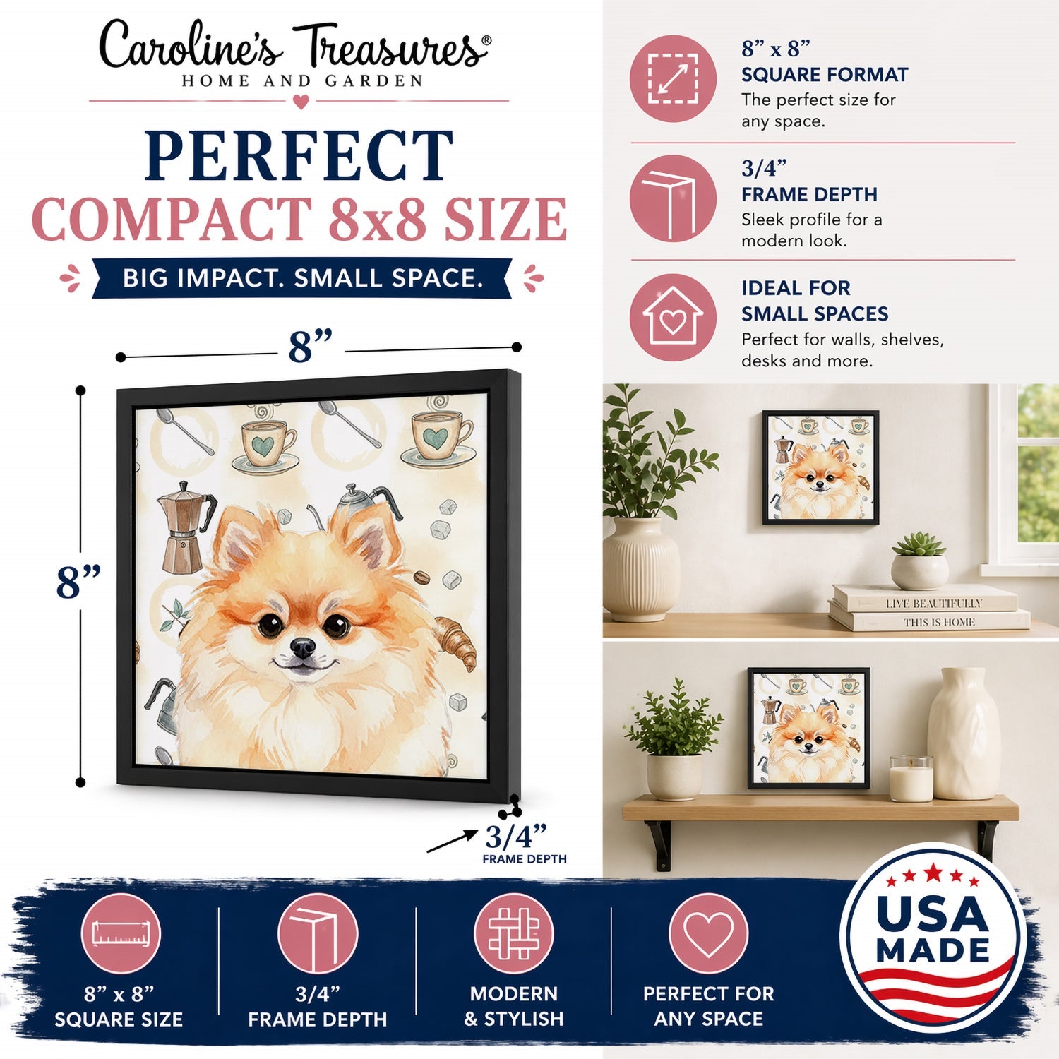 Pomeranian Coffee Bar Framed Metal Print Bathroom, Kitchen, Office, Home Decor Wall Art Ready to Hang, Square, 8X8
