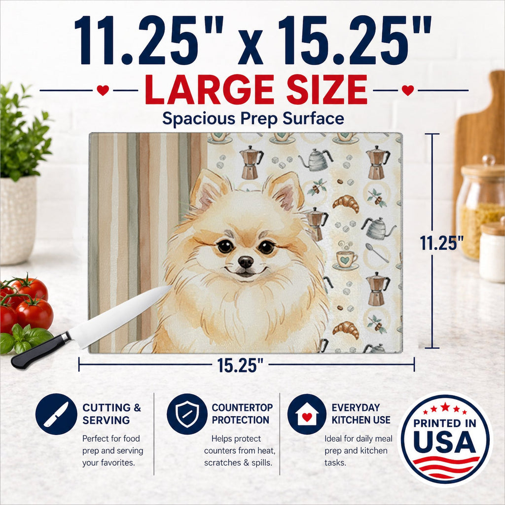 Cream Pomeranian Coffee Bar Cutting Board Tempered Glass Kitchen Cutting Surface, Heat Resistant Chopping, Non-Slip Feet, Food Prep & Serving
