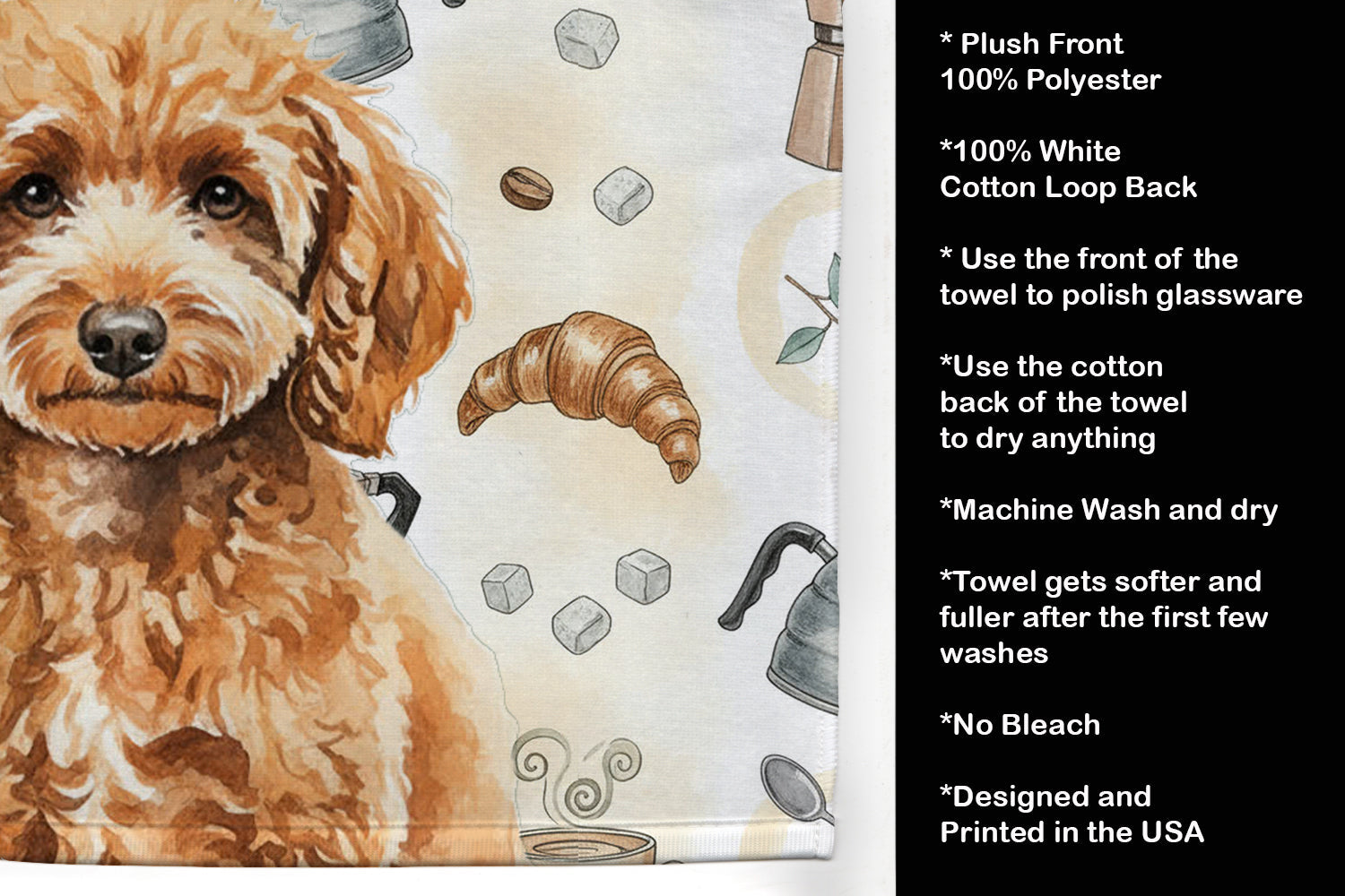 Miniature Apricot Poodle Coffee Bar Kitchen Towel Velour Plush Front and Cotton Loop Back Machine Washable