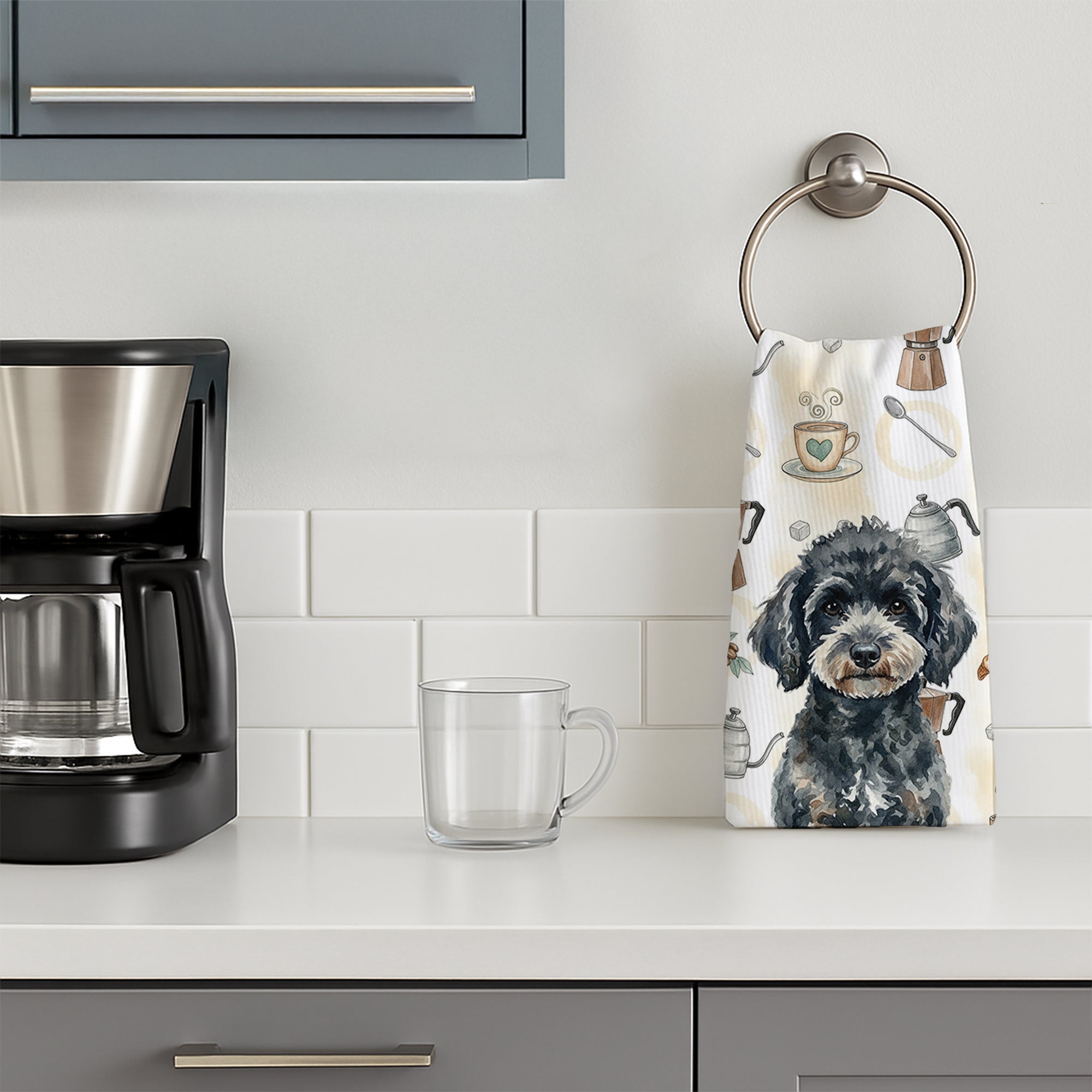 Miniature Black Poodle Coffee Bar Kitchen Towel Velour Plush Front and Cotton Loop Back Machine Washable