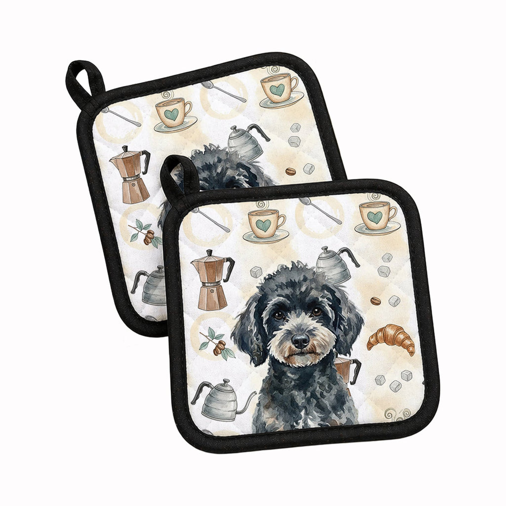Miniature Black Poodle Coffee Bar Pot Holder Set of 2 Heat Resistant Quilted Hot Pads 7.5 x 7.5 Inch, Insulated Kitchen Trivets for Cooking & Baking