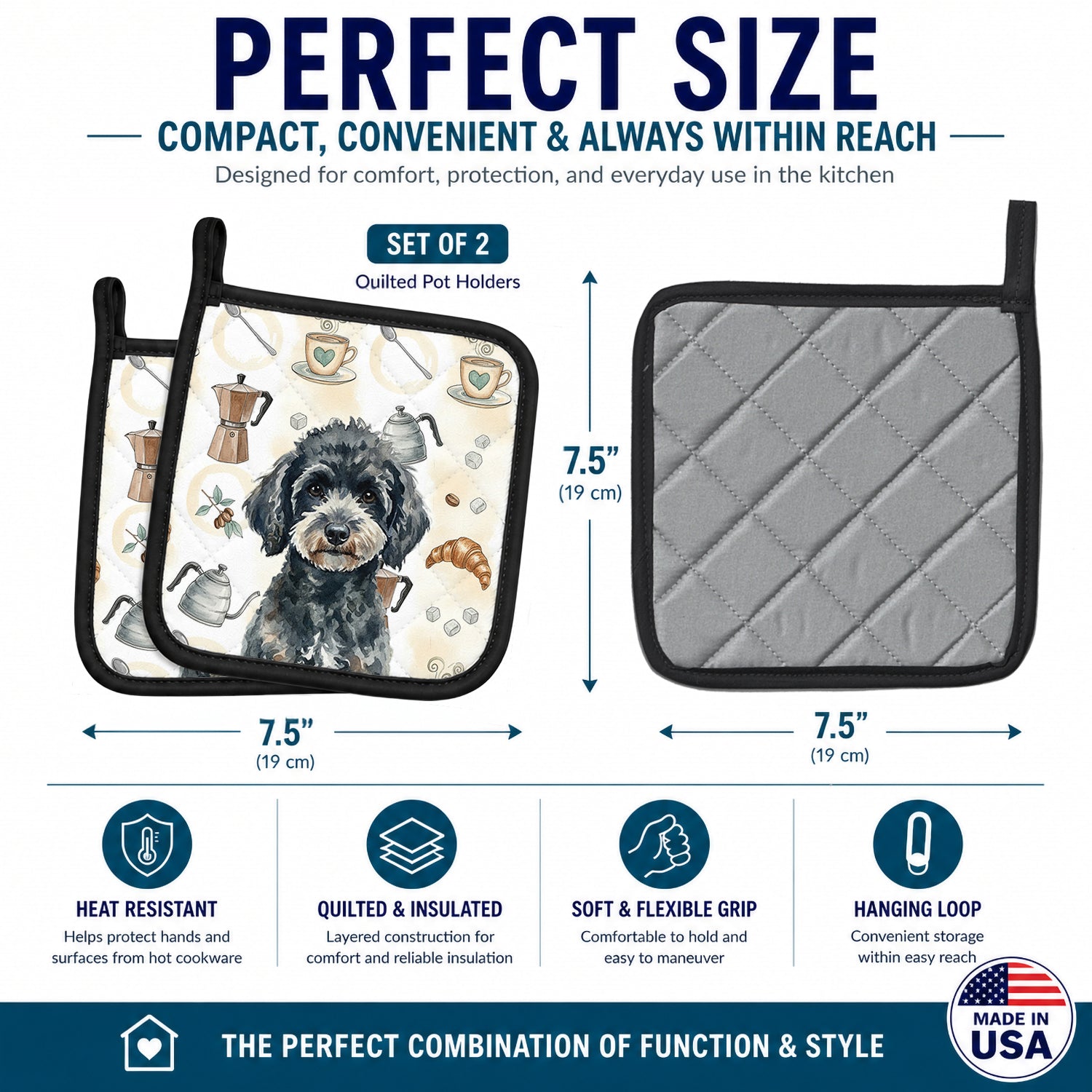 Miniature Black Poodle Coffee Bar Pot Holder Set of 2 Heat Resistant Quilted Hot Pads 7.5 x 7.5 Inch, Insulated Kitchen Trivets for Cooking & Baking