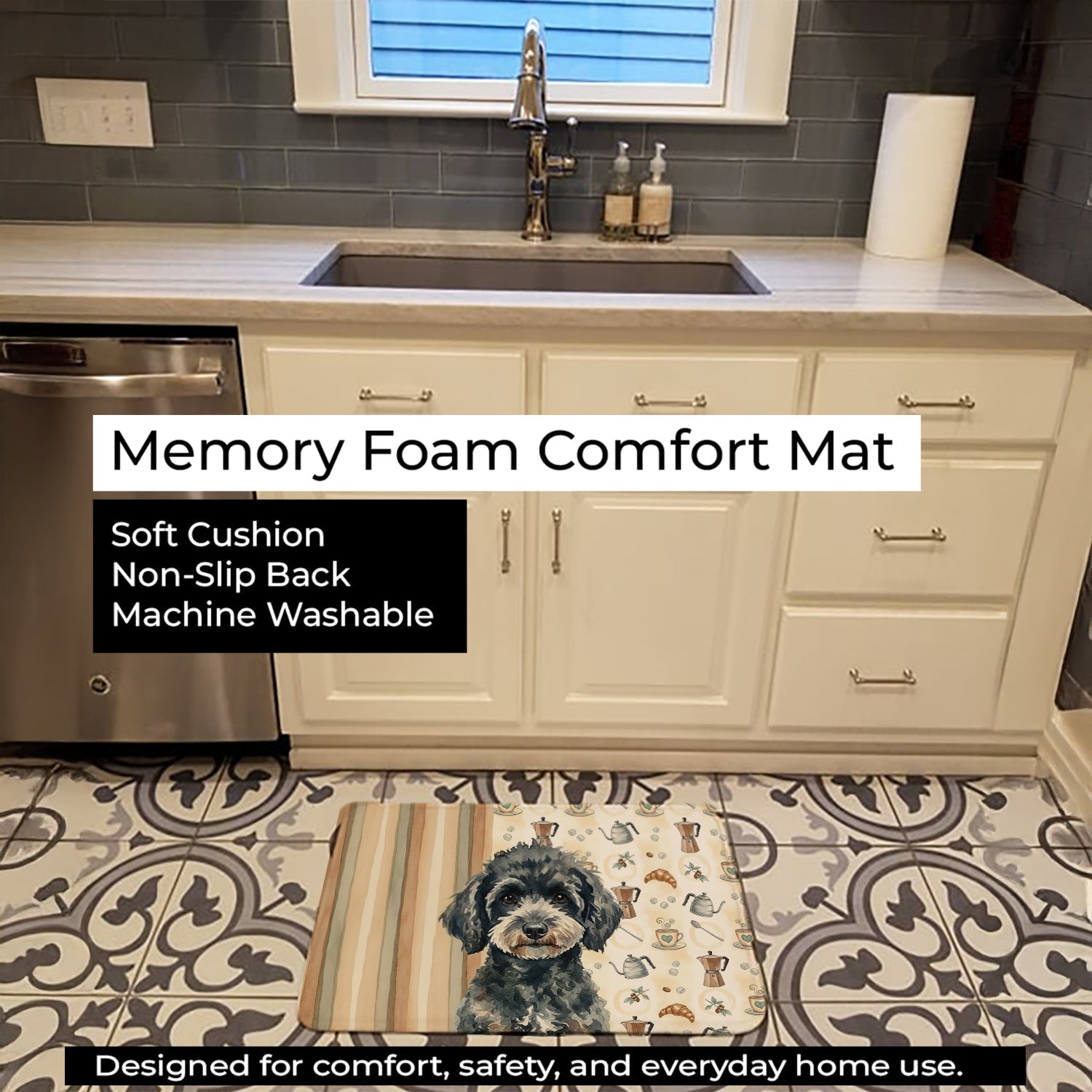 Miniature Black Poodle Coffee Bar Memory Foam Kitchen Mat Machine Washable Anti-Fatigue Cushion Comfort Bath or Kitchen Rug