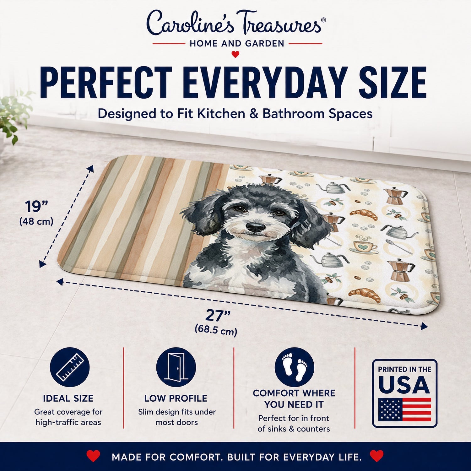 Miniature Parti Poodle Coffee Bar Memory Foam Kitchen Mat Machine Washable Anti-Fatigue Cushion Comfort Bath or Kitchen Rug