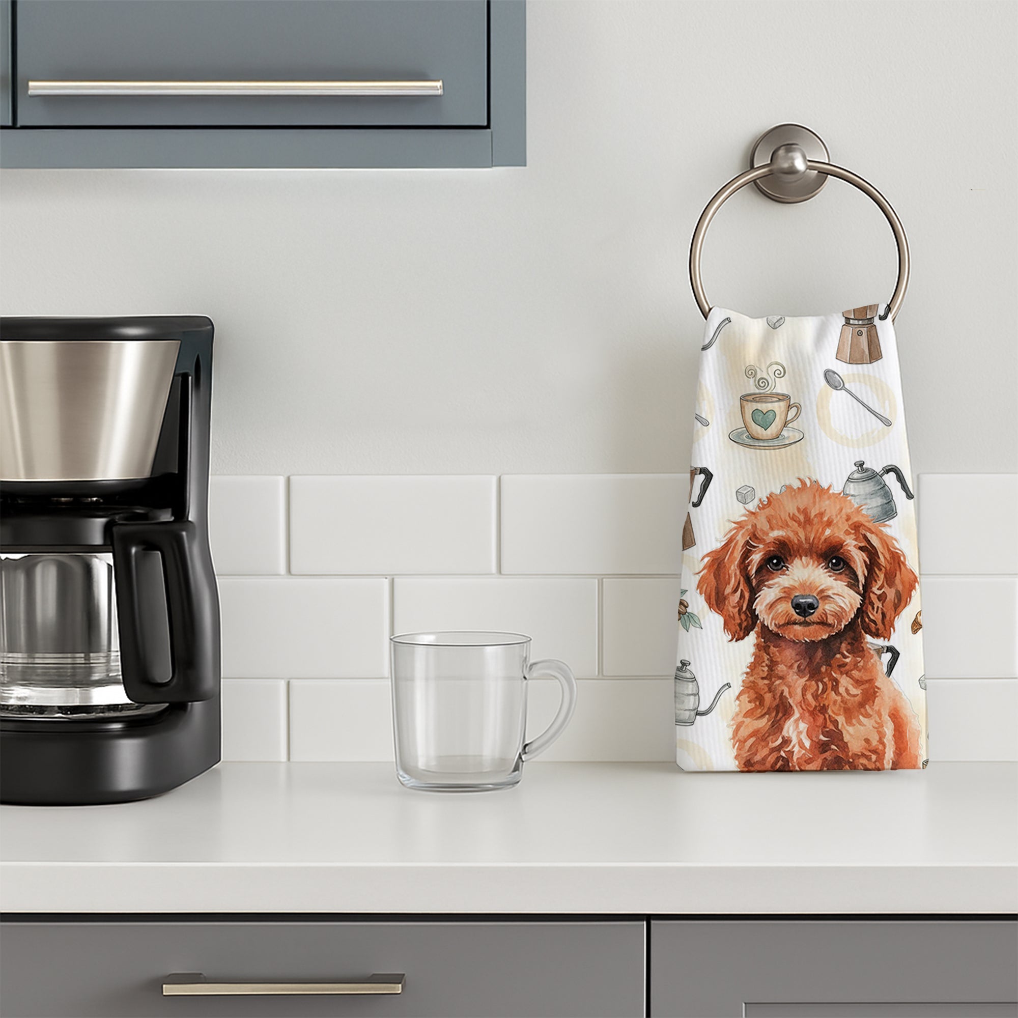 Miniature Red Poodle Coffee Bar Kitchen Towel Velour Plush Front and Cotton Loop Back Machine Washable