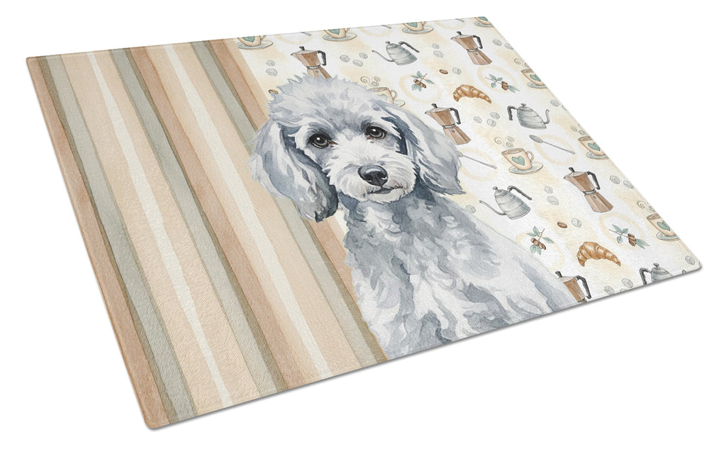 Miniature Silver Poodle Coffee Bar Cutting Board Tempered Glass Kitchen Cutting Surface, Heat Resistant Chopping, Non-Slip Feet, Food Prep & Serving