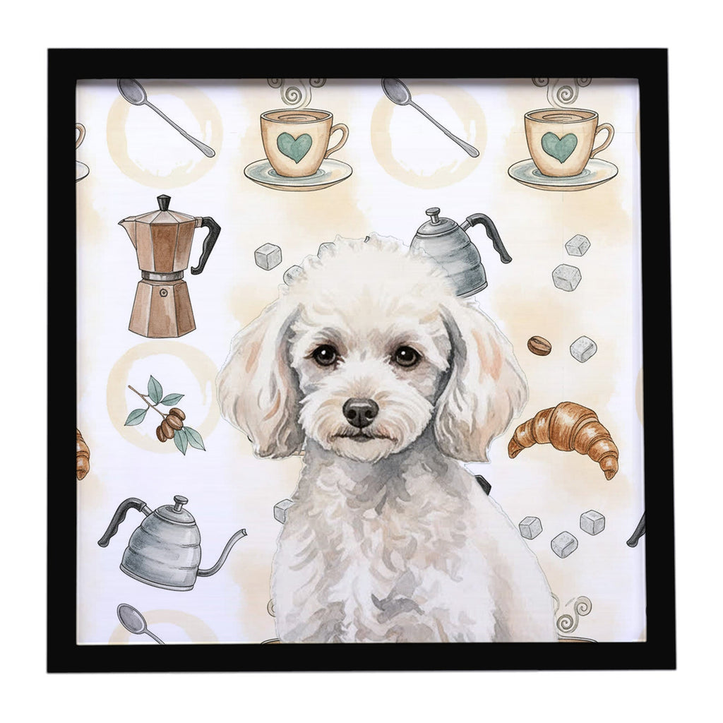 Miniature White Poodle Coffee Bar Framed Metal Print Bathroom, Kitchen, Office, Home Decor Wall Art Ready to Hang, Square, 8X8