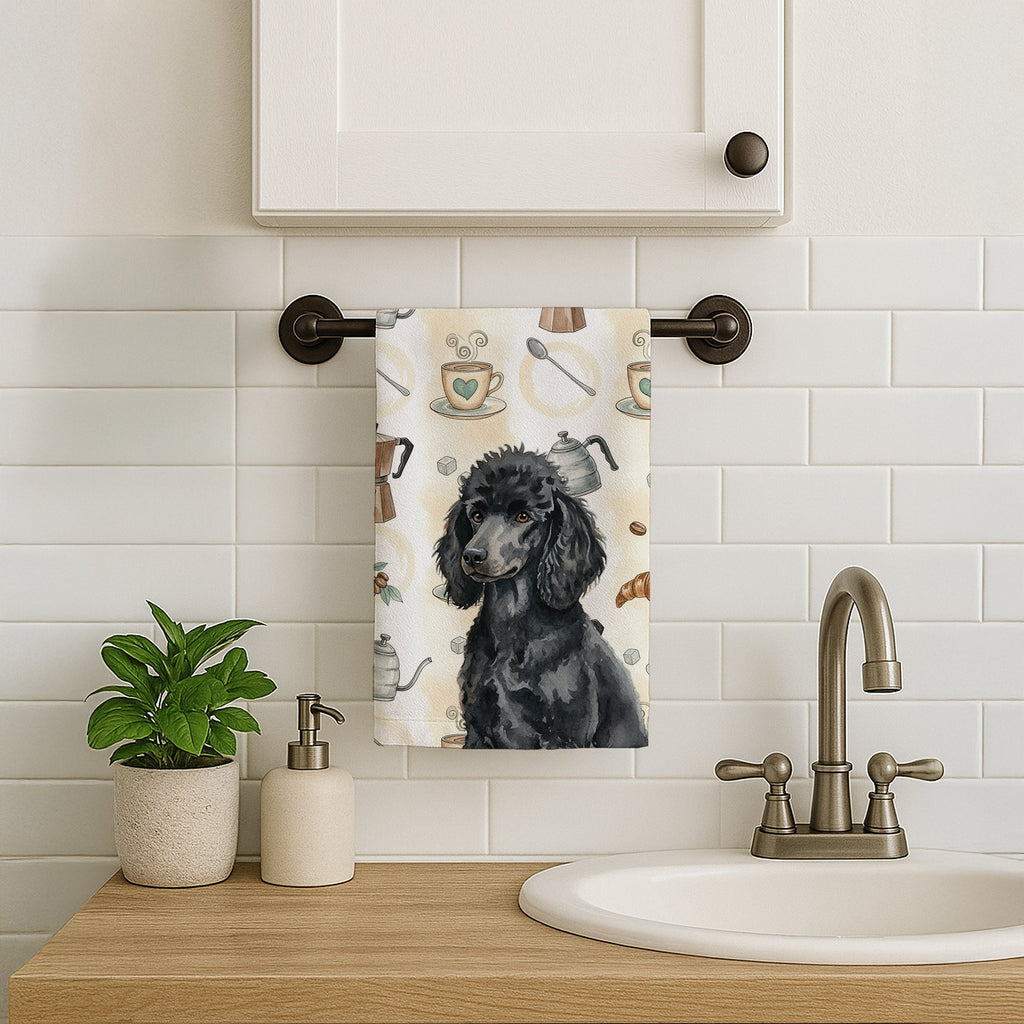 Standard Black Poodle Coffee Bar Kitchen Towel Velour Plush Front and Cotton Loop Back Machine Washable
