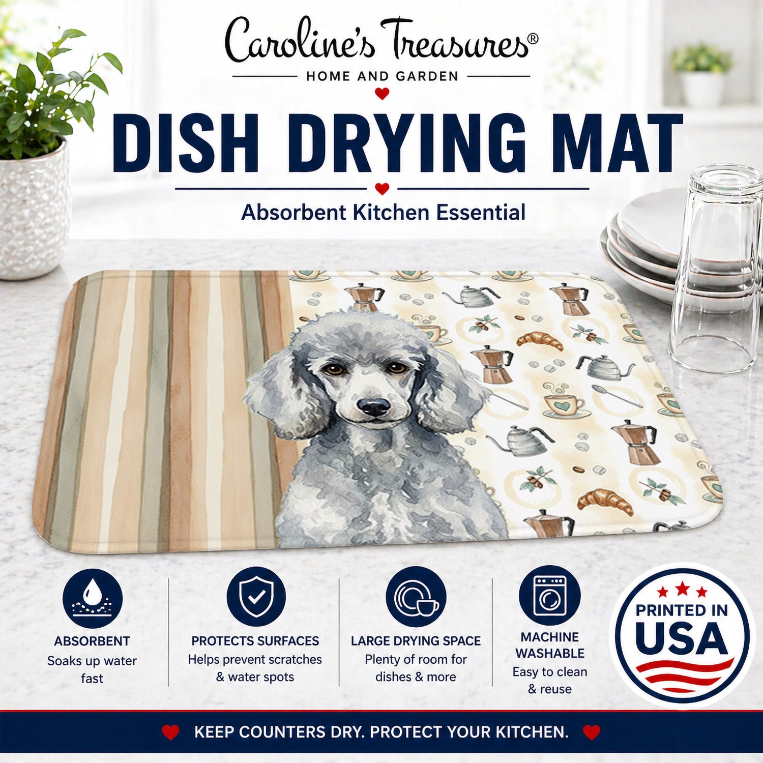 Standard Silver Poodle Coffee Bar Dish Drying Mat Absorbent Dish Drying Mat Pad for Kitchen Counter Dish Drainer Mat for Countertop, 14 x 21", Multicolor
