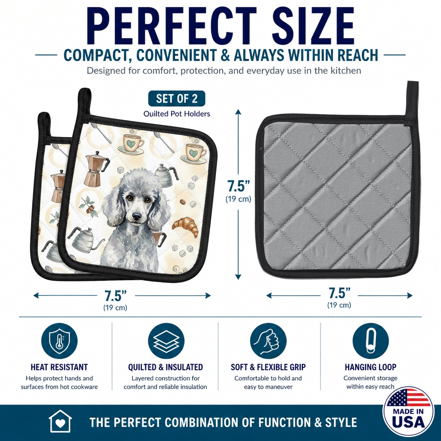 Standard Silver Poodle Coffee Bar Pot Holder Set of 2 Heat Resistant Quilted Hot Pads 7.5 x 7.5 Inch, Insulated Kitchen Trivets for Cooking & Baking