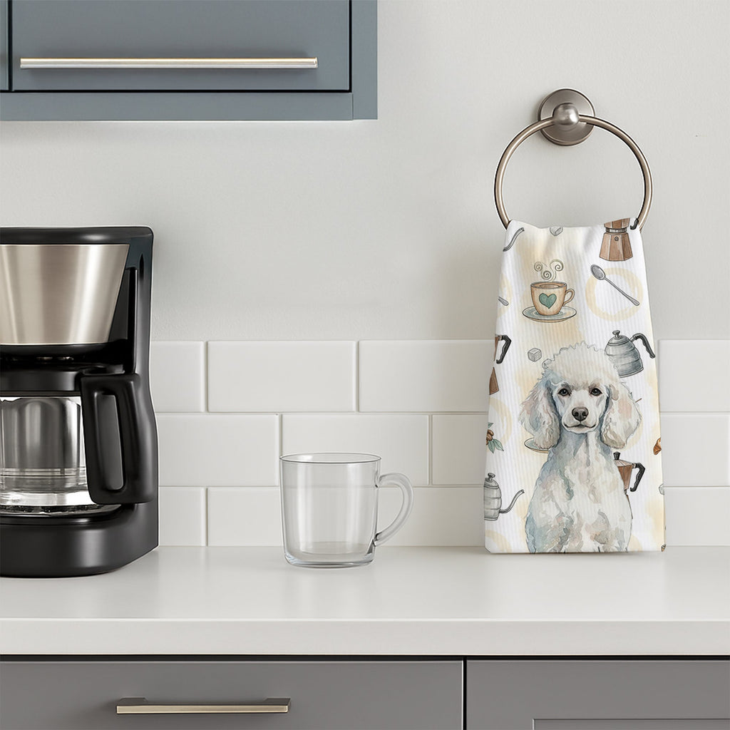 Standard White Poodle Coffee Bar Kitchen Towel Velour Plush Front and Cotton Loop Back Machine Washable