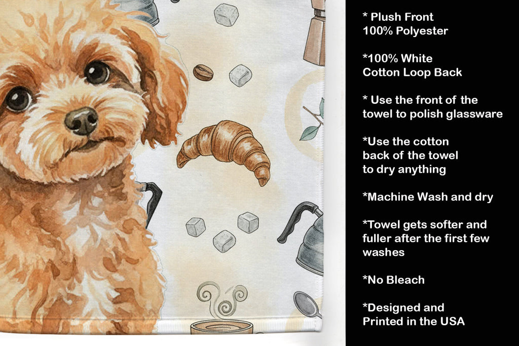 Toy Apricot Poodle Coffee Bar Kitchen Towel Velour Plush Front and Cotton Loop Back Machine Washable