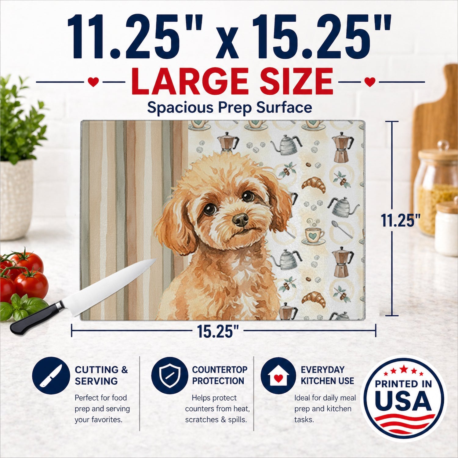 Toy Apricot Poodle Coffee Bar Cutting Board Tempered Glass Kitchen Cutting Surface, Heat Resistant Chopping, Non-Slip Feet, Food Prep & Serving