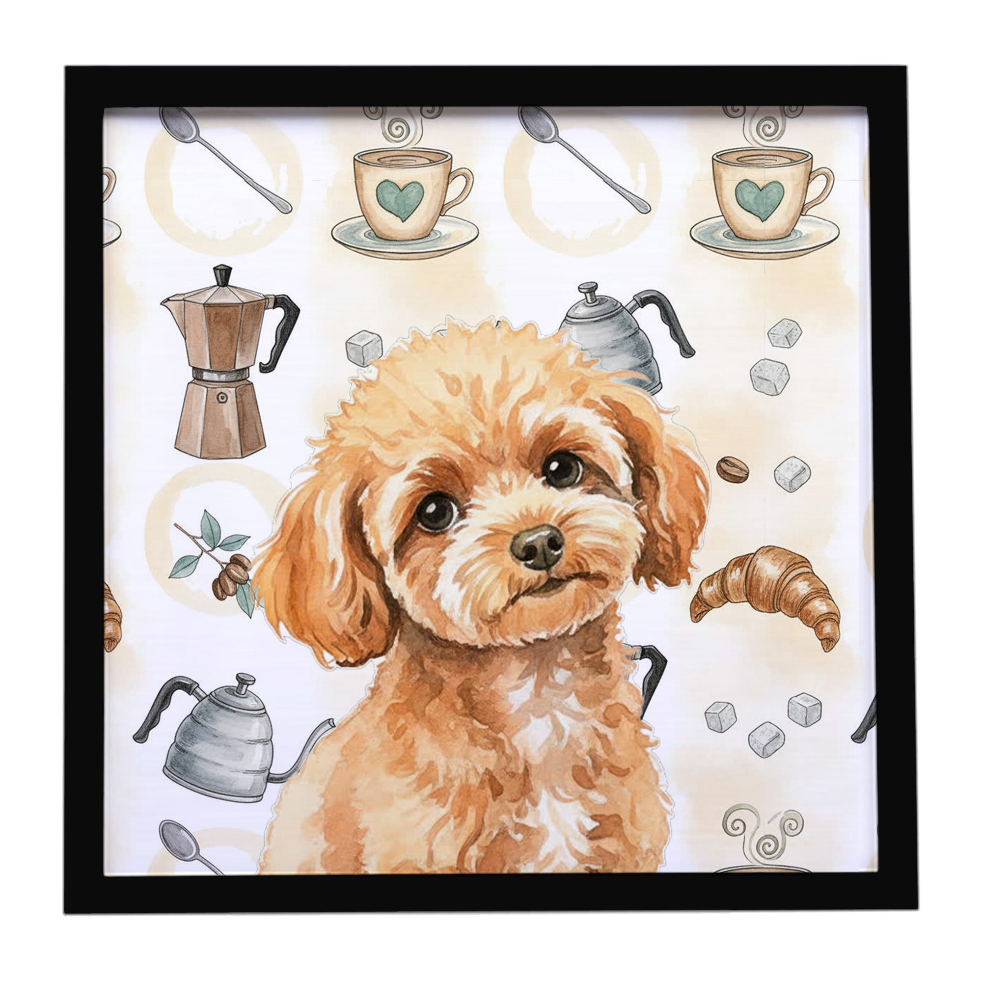 Toy Apricot Poodle Coffee Bar Framed Metal Print Bathroom, Kitchen, Office, Home Decor Wall Art Ready to Hang, Square, 8X8