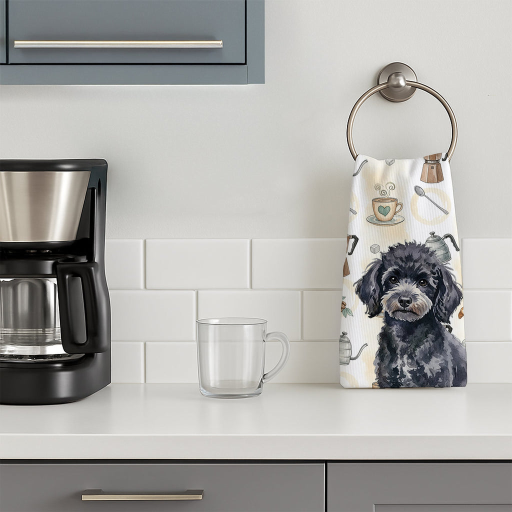 Toy Black Poodle Coffee Bar Kitchen Towel Velour Plush Front and Cotton Loop Back Machine Washable