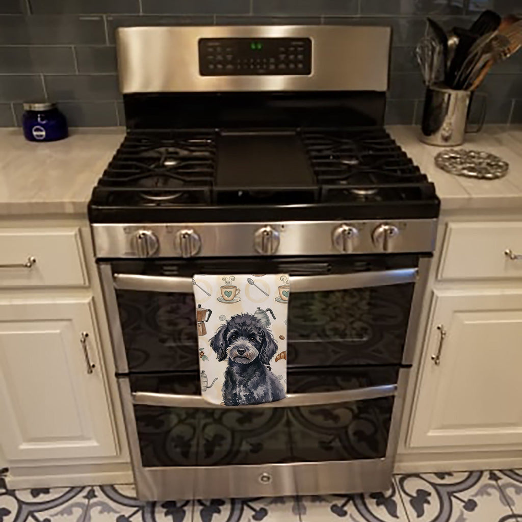Toy Black Poodle Coffee Bar Kitchen Towel Velour Plush Front and Cotton Loop Back Machine Washable
