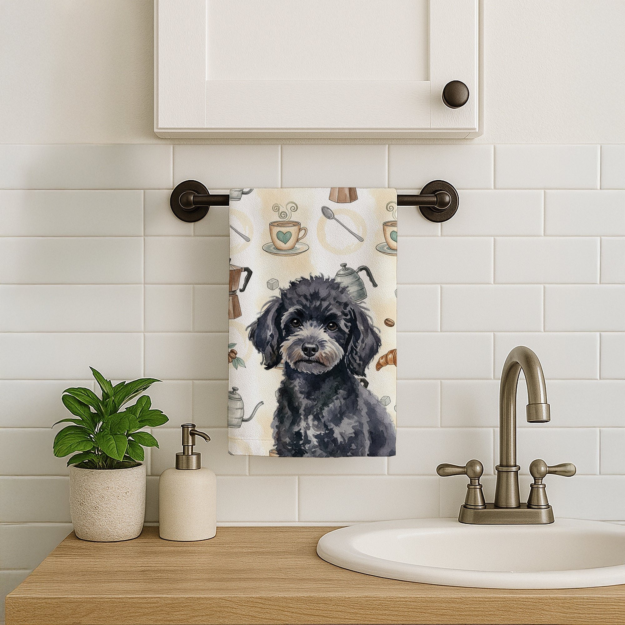 Toy Black Poodle Coffee Bar Kitchen Towel Velour Plush Front and Cotton Loop Back Machine Washable