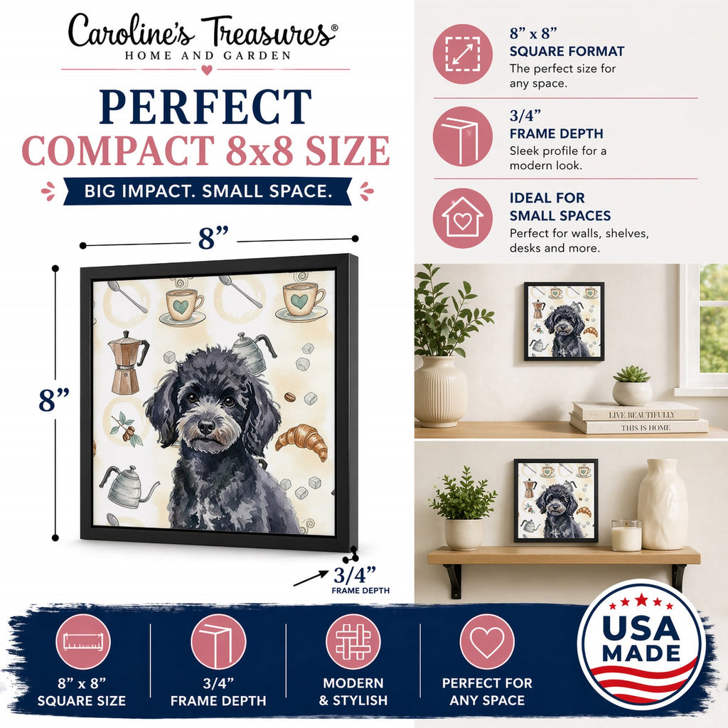 Toy Black Poodle Coffee Bar Framed Metal Print Bathroom, Kitchen, Office, Home Decor Wall Art Ready to Hang, Square, 8X8