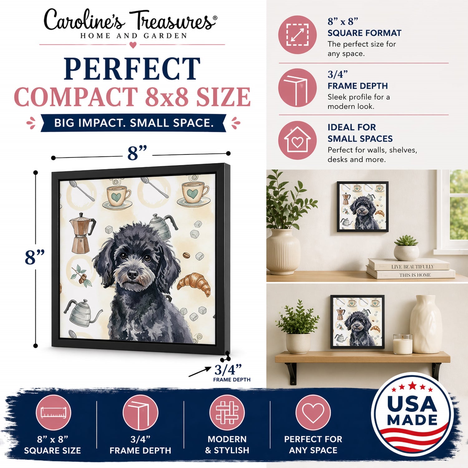 Toy Black Poodle Coffee Bar Framed Metal Print Bathroom, Kitchen, Office, Home Decor Wall Art Ready to Hang, Square, 8X8