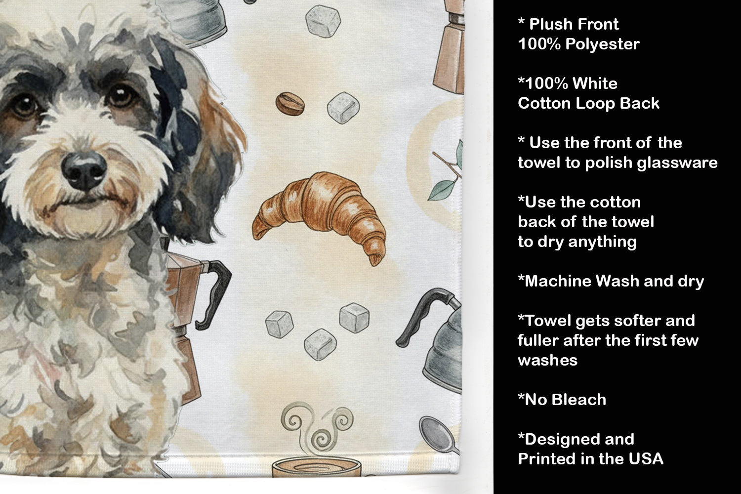 Toy Parti Poodle Coffee Bar Kitchen Towel Velour Plush Front and Cotton Loop Back Machine Washable
