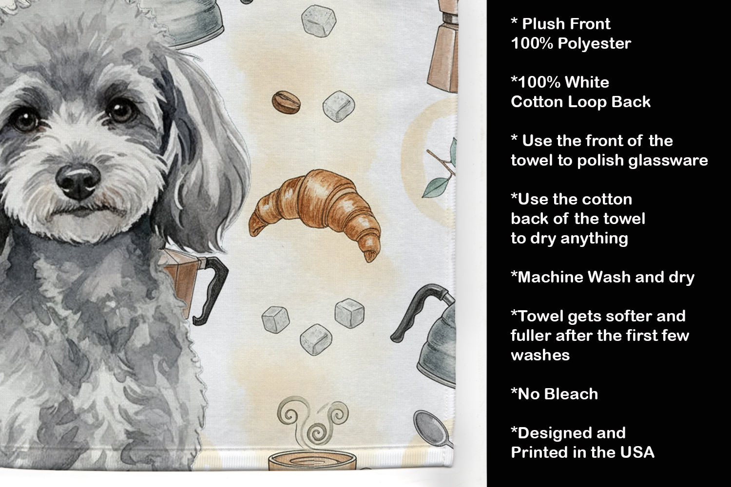Toy Silver Poodle Coffee Bar Kitchen Towel Velour Plush Front and Cotton Loop Back Machine Washable